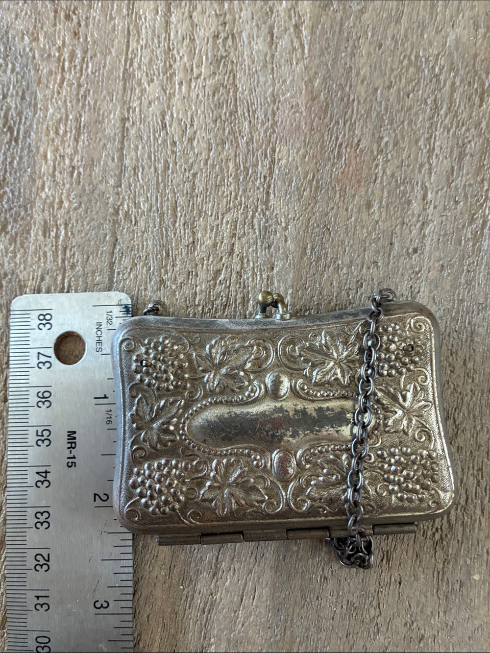 Ornate Silver-Tone Floral Mini Minaudière with Chain